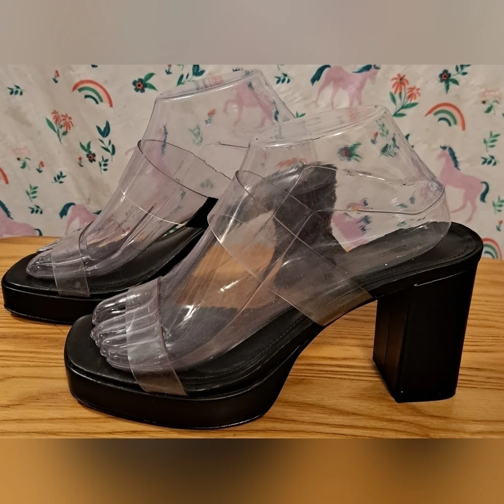 NWT Y2K Schutz Ariella Black Leather Platform Block Heel Sandal Shoe SZ 8B